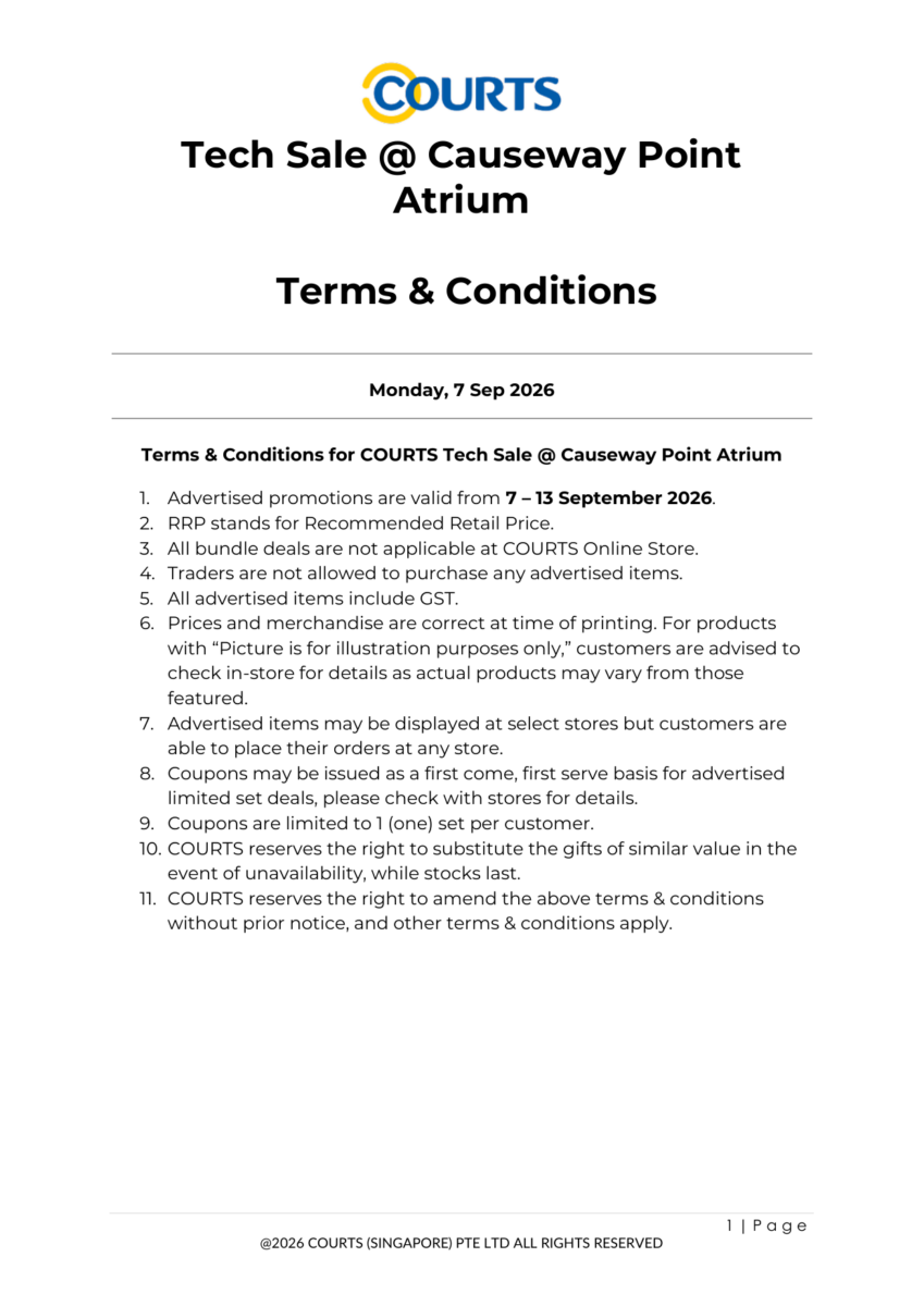 Screenshot of COURTS Tech Sale Causeway Point atrium terms September 2026