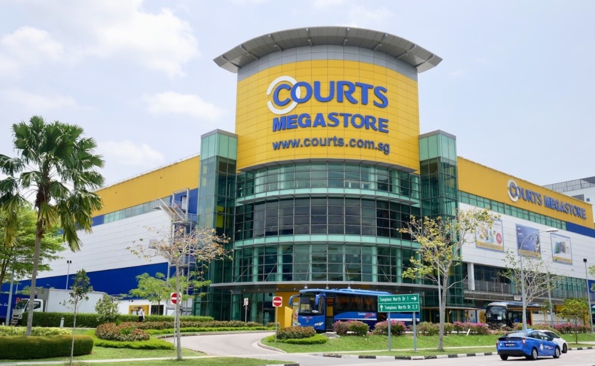 COURTS Megastore yellow tower at Tampines Retail Park in daylight
