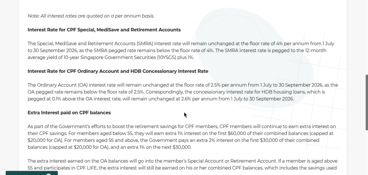 CPF Board page stating HDB concessionary interest rate remains 2.6 per cent