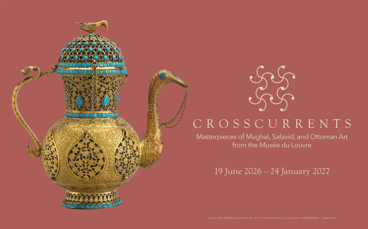 Crosscurrents exhibition key visual featuring a Mughal gold ewer with turquoise inlays on a rose background