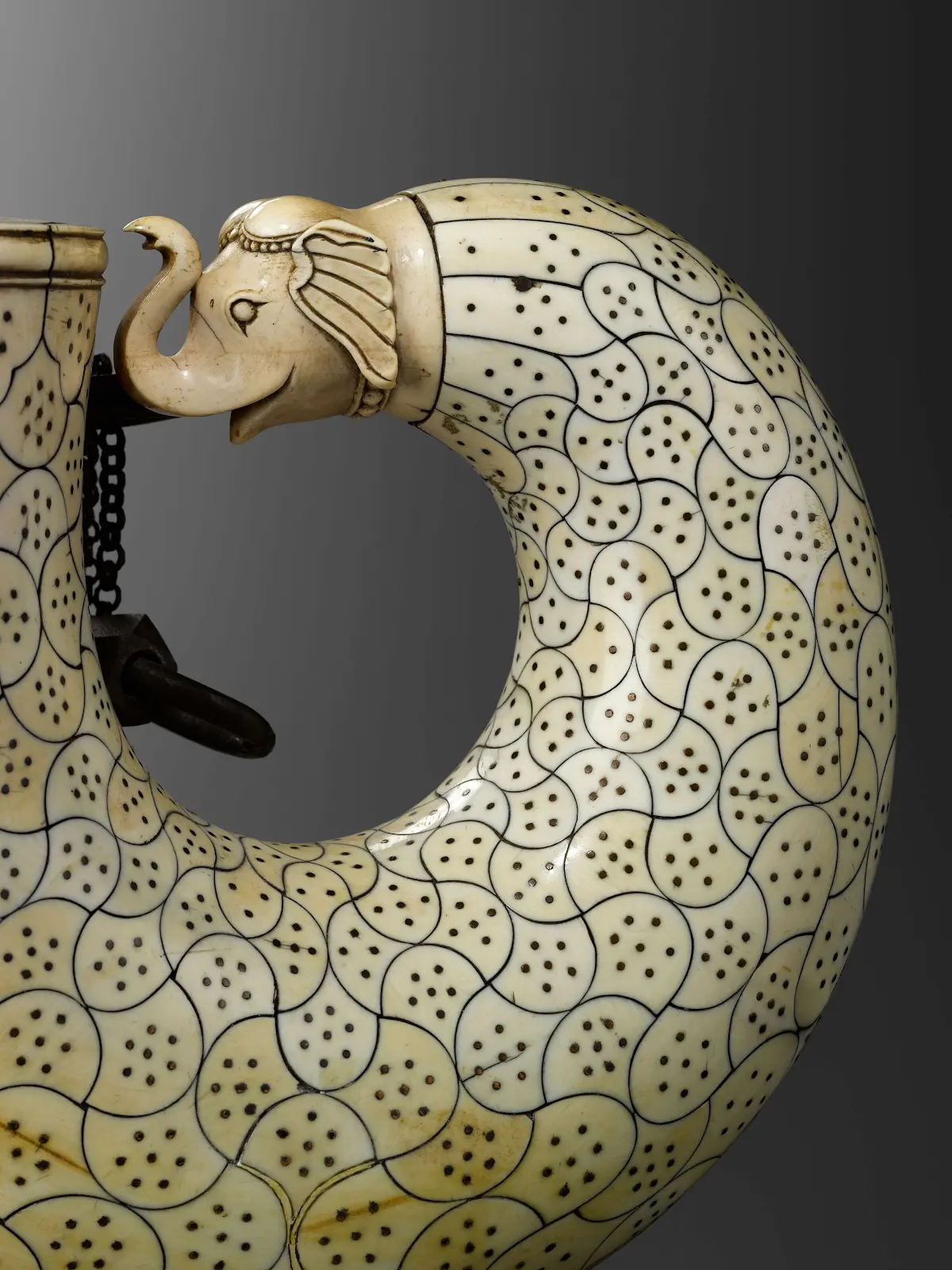 Close-up of a powder horn from the Musée du Louvre Department of Islamic Art