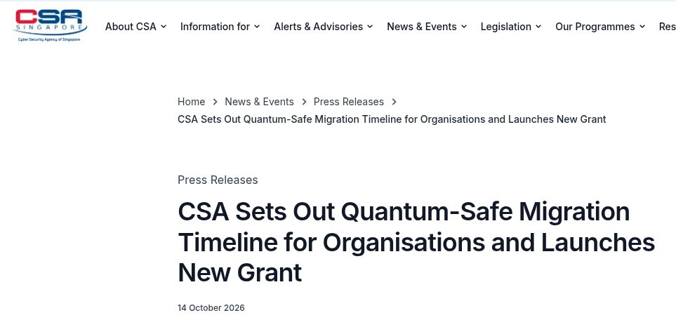 Cyber Security Agency of Singapore press release header on quantum-safe migration