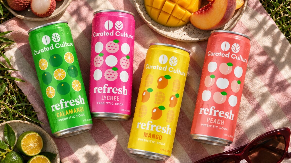 Refresh prebiotic soda cans on a picnic mat