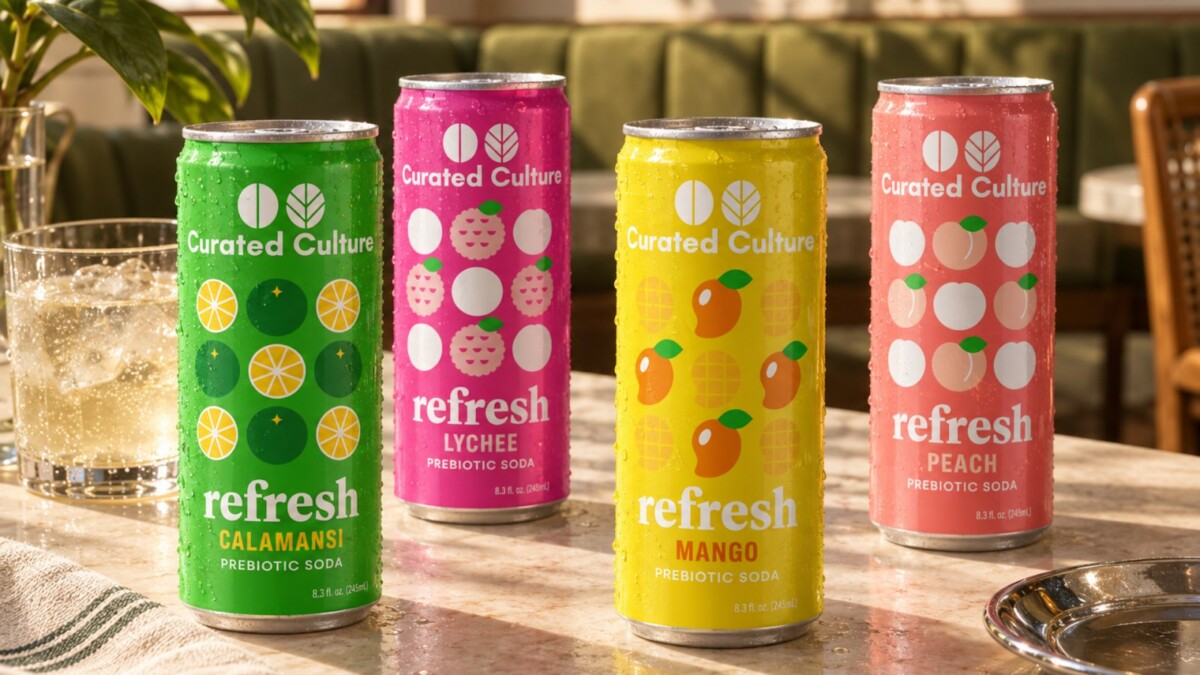 Refresh prebiotic soda cans on a table