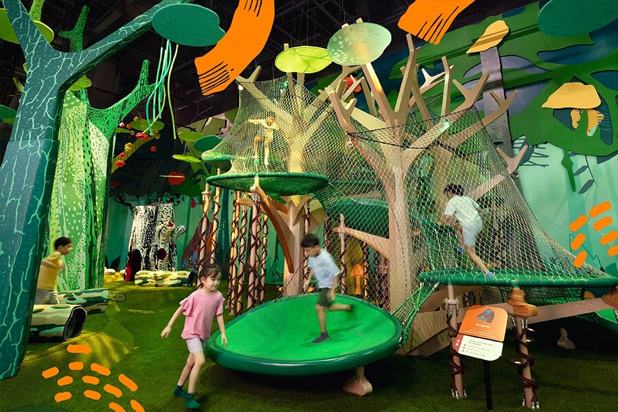 Kids climbing the nets at POSB Forestlands inside Curiosity Cove at Mandai Wildlife EAST