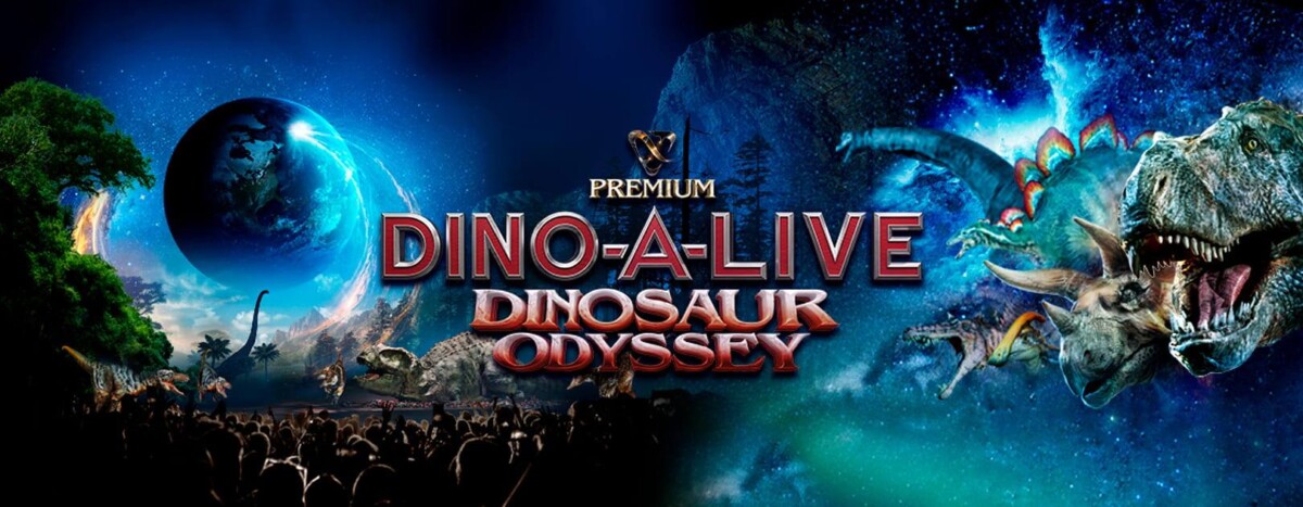 DINO-A-LIVE DINOSAUR ODYSSEY key visual with a roaring dinosaur and audience