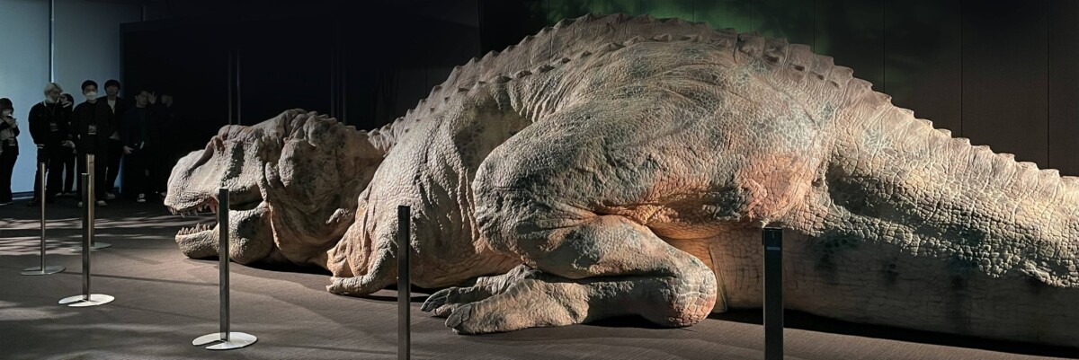 A life-sized dinosaur lying on the floor of a darkened performance space