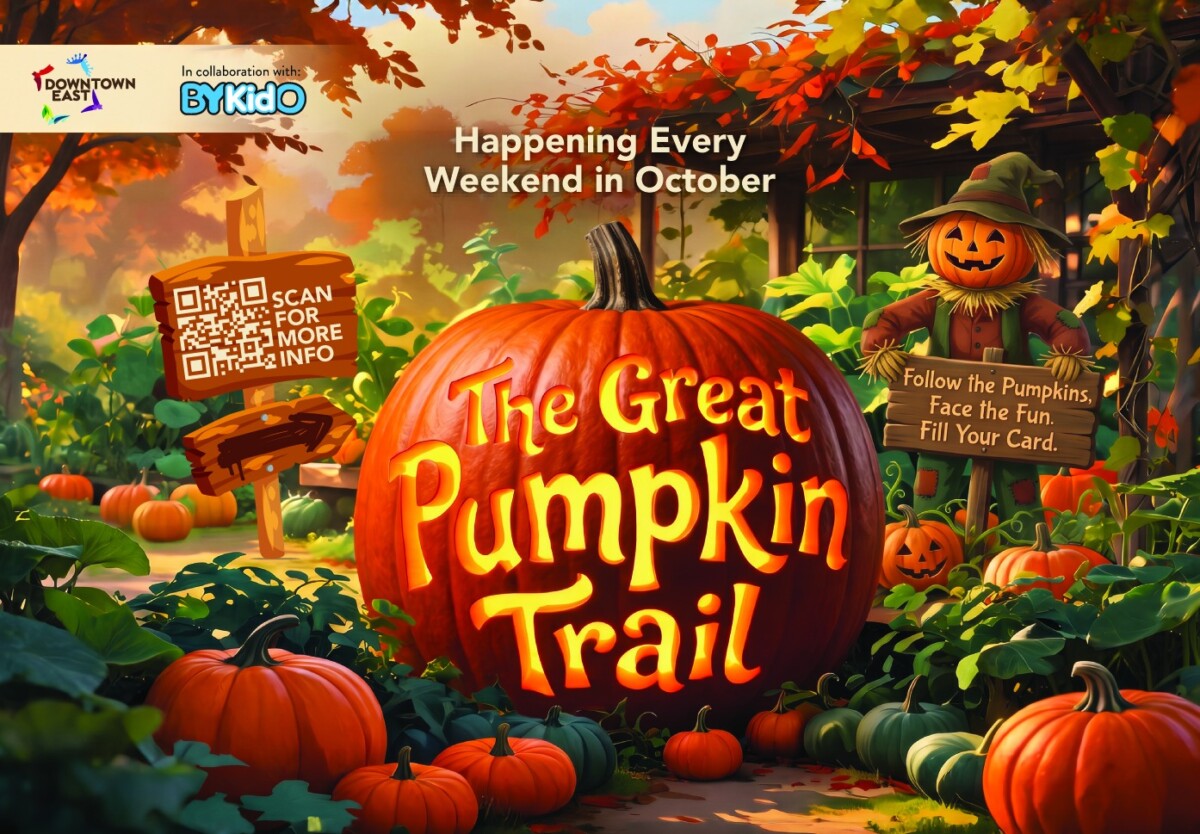 Downtown East Great Pumpkin Trail key visual with carved pumpkin and scarecrow for Halloween 2026