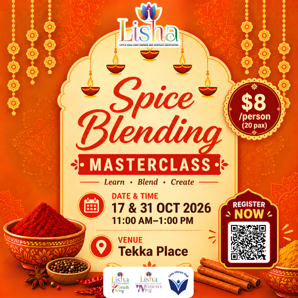 Spice Blending Masterclass poster showing bowls of ground spices and an S$8 price tag