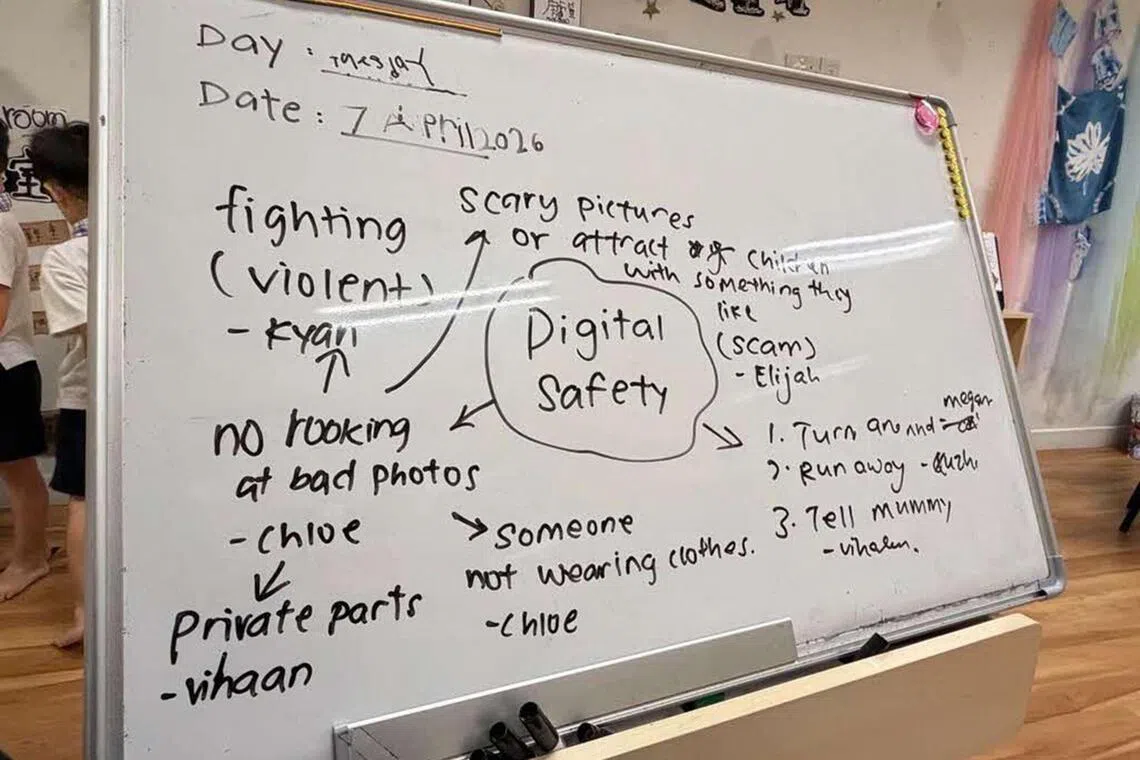 Whiteboard mind map on digital safety written during an E-Bridge kindergarten class