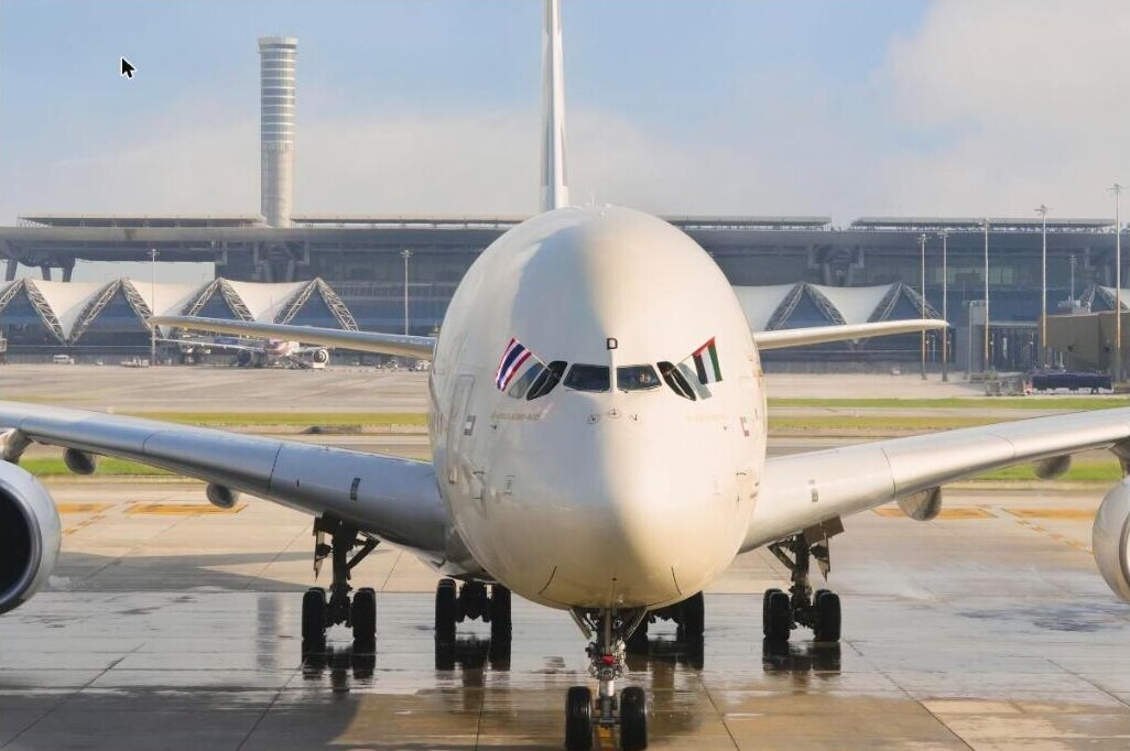 Etihad A380 on the apron at Bangkok airport after landing