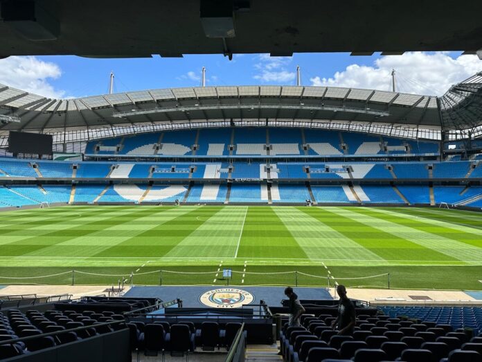 etihad-stadium-manchester-city-arsenal Etihad Stadium in Manchester where Manchester City host Arsenal in a crucial Premier League title clash