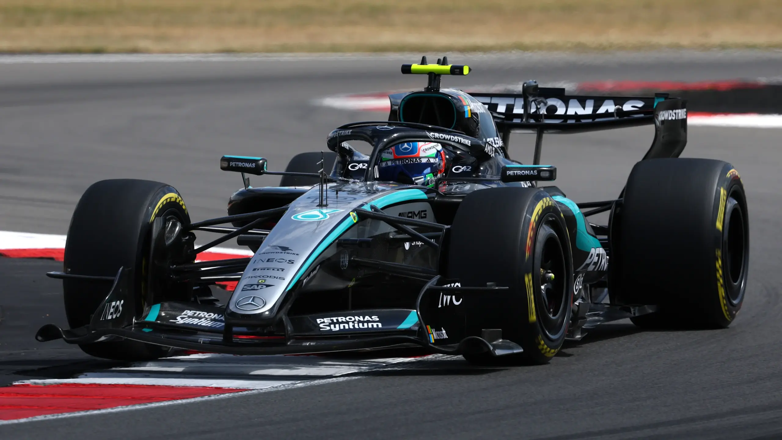Kimi Antonelli driving his Mercedes at the 2026 British Grand Prix sprint at Silverstone