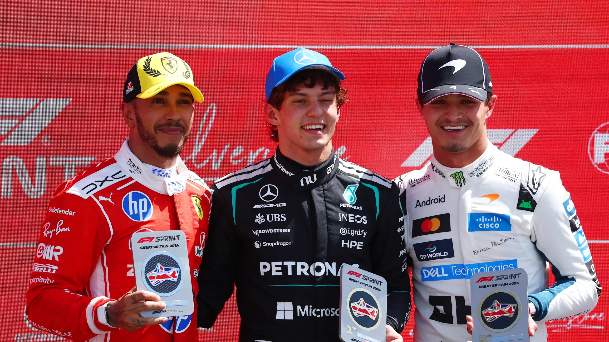 Sprint podium at the 2026 British Grand Prix: Antonelli, Hamilton, Norris