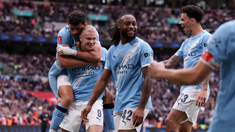 Antoine Semenyo celebrates FA Cup Final 2026 winning goal for Man City