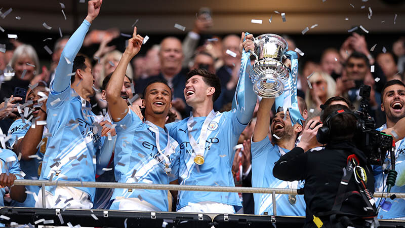 FA Cup Final 2026 John Stones and Bernardo Silva lift the FA Cup trophy