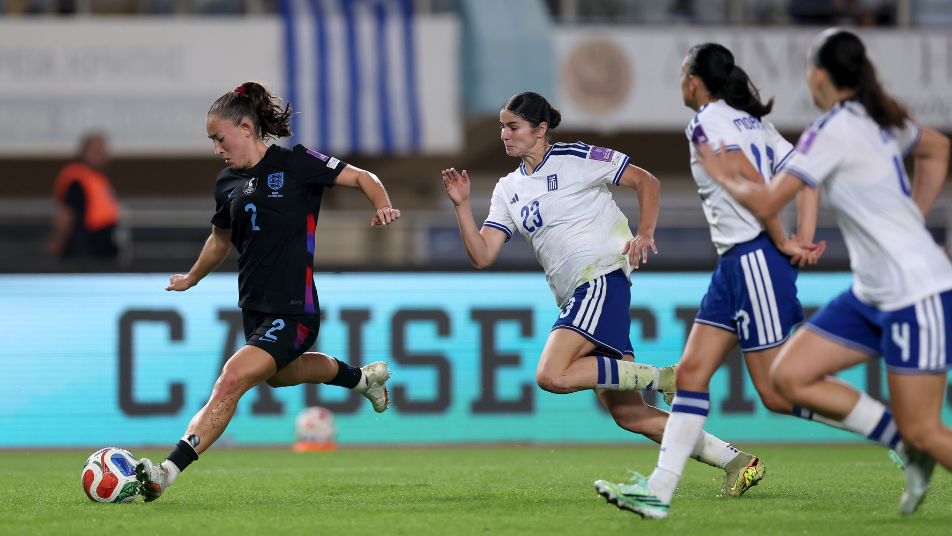 Maya Le Tissier shoots to score England's second goal against Greece