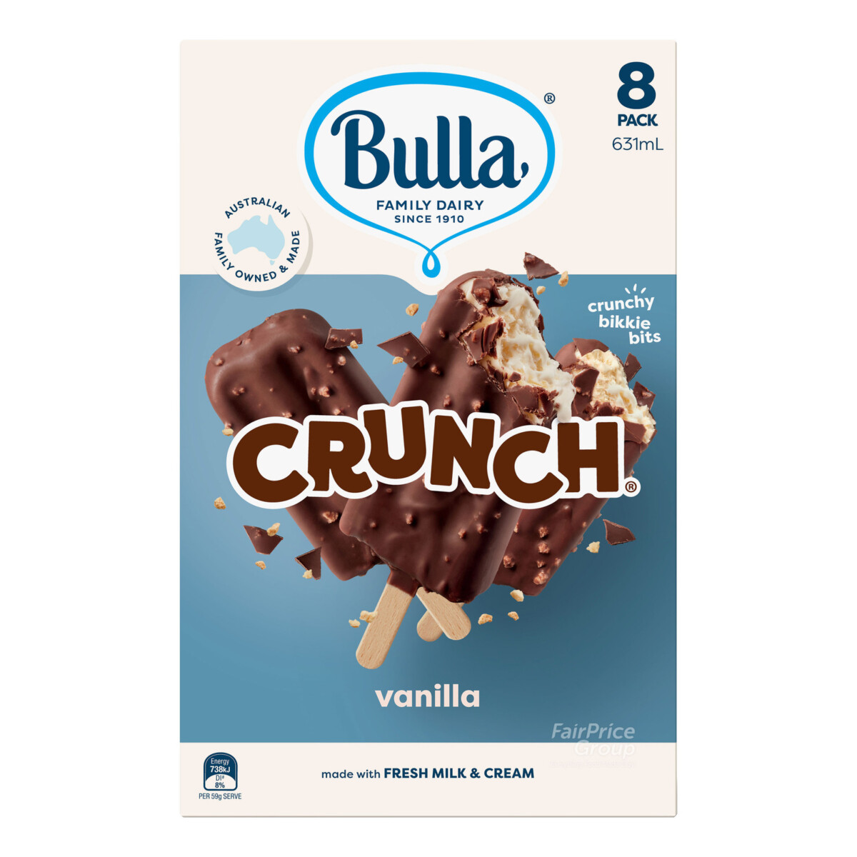 FairPrice Bulla Crunch vanilla ice cream sticks 8-pack official product photo