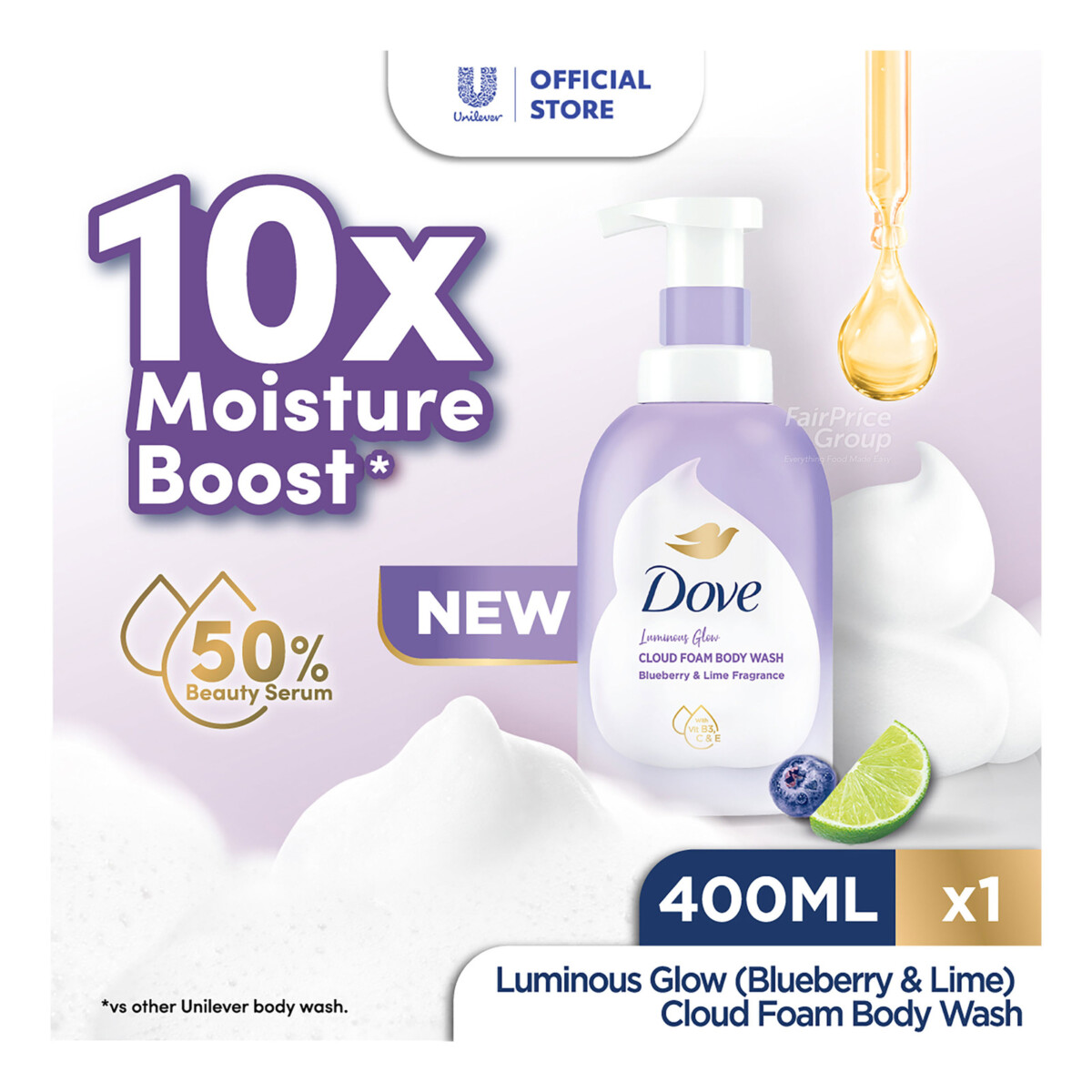 Dove Body Wash Foam 400ml bottle pack shot at FairPrice