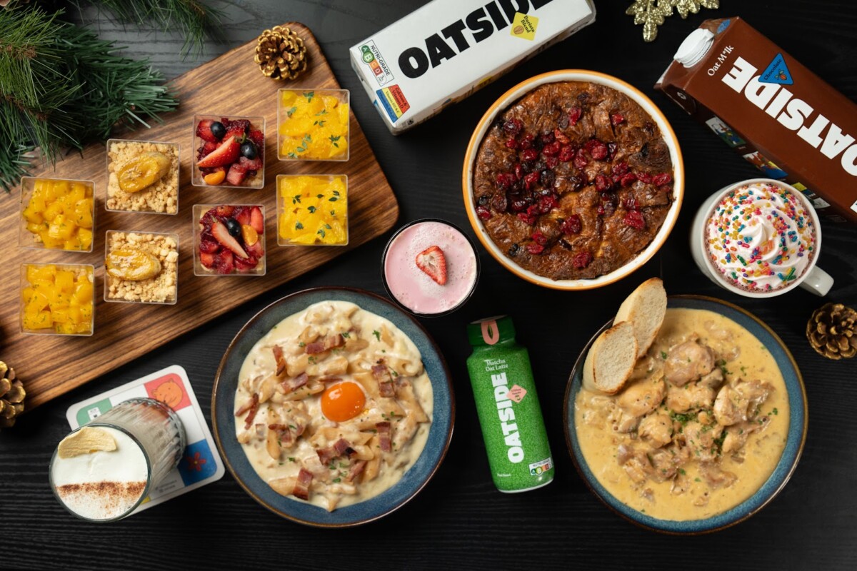 Flat lay of buffet dishes and desserts from the OATSIDE Christmas Brunch at The Best Brew