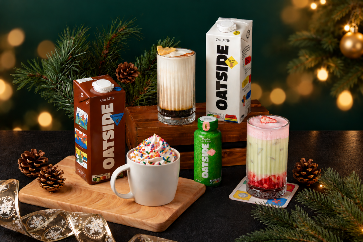OATSIDE collaboration drinks including the Apple Pie Oat Latte and Strawberry Matcha Oat Latte