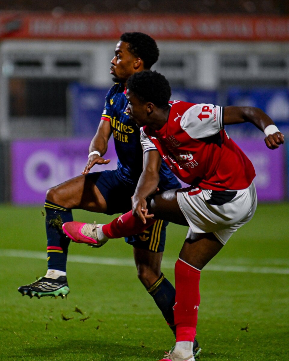 Aaron Loupalo-Bi shoots past an Arsenal defender during the Carabao Cup tie at Highbury
