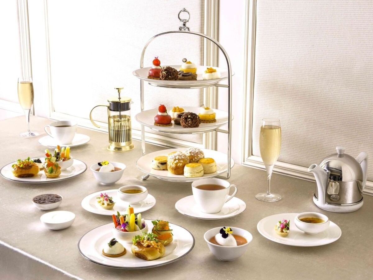 Antonio Bachour afternoon tea tiered stand with pastries and savoury bites