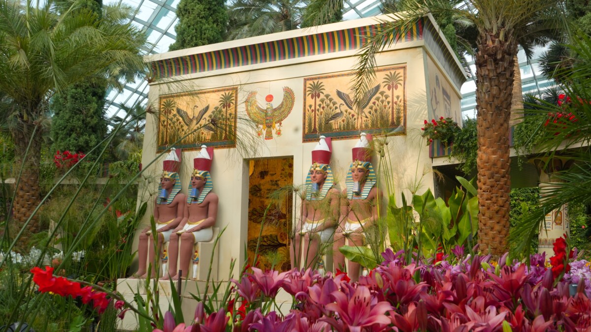 Lilytopia ancient Egypt floral display with Abu Simbel facade inside Flower Dome