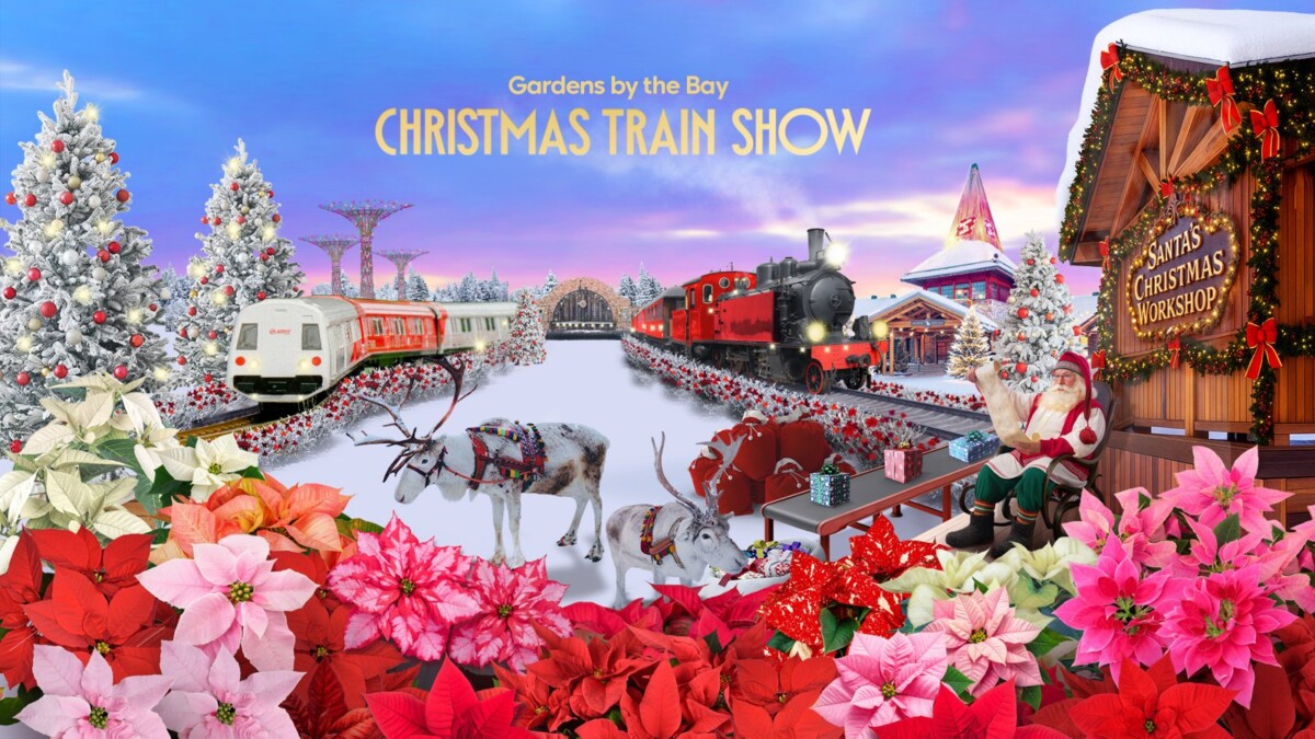 Gardens by the Bay Christmas Train Show 2026 key visual with an SMRT train, steam train and Santa
