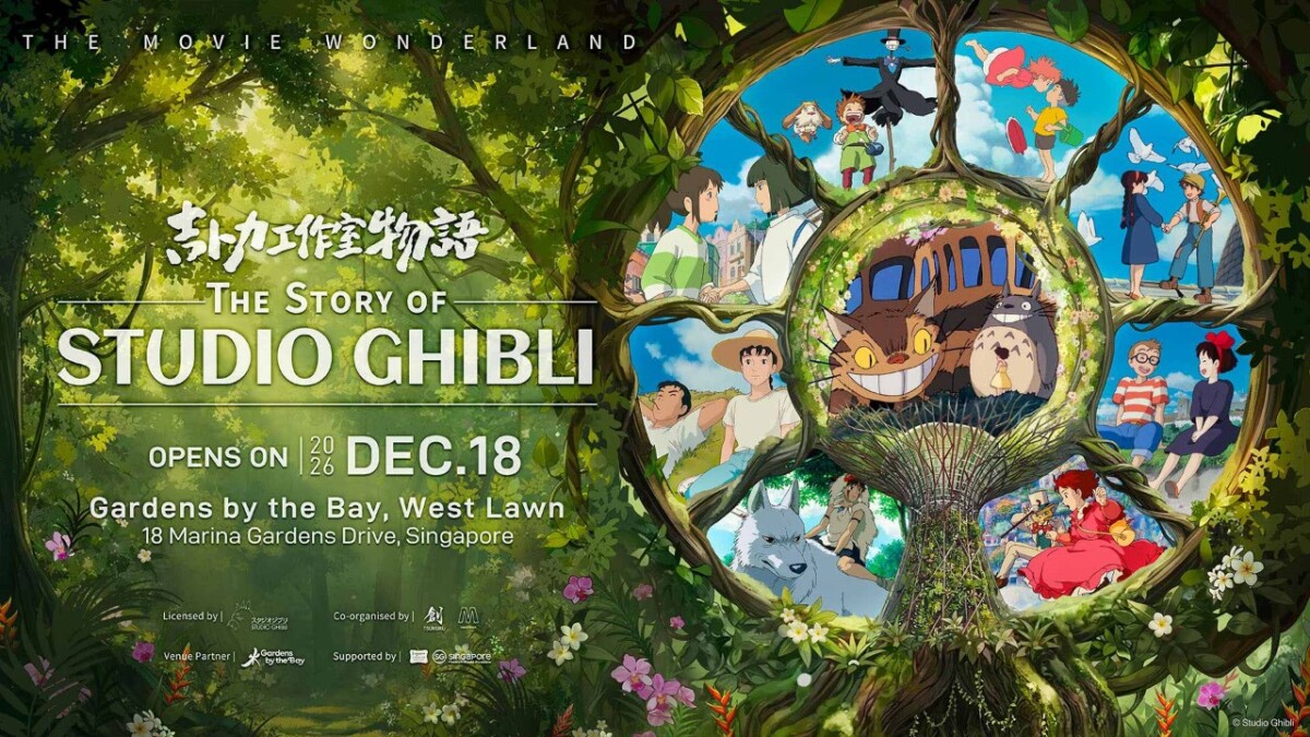The Story of Studio Ghibli key visual with a stained-glass window of film scenes in a forest