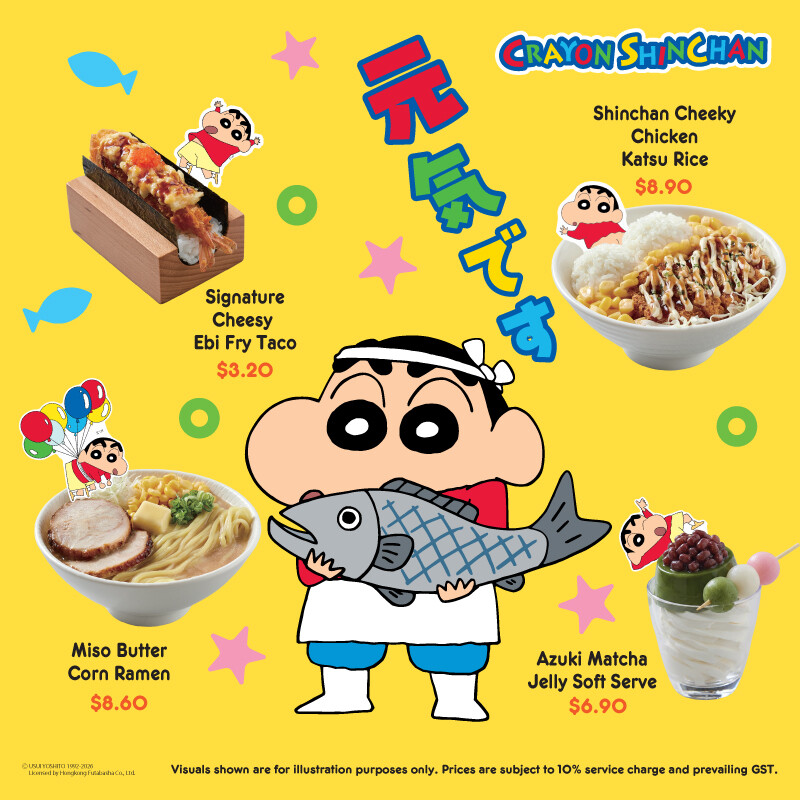 Genki Sushi Crayon Shinchan menu poster with taco, katsu rice, ramen and soft serve