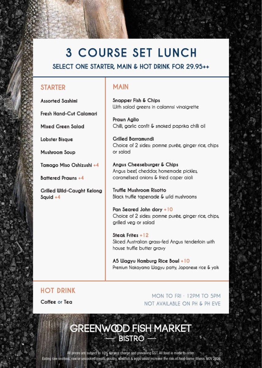 Greenwood Fish Market VivoCity bistro three-course set lunch menu priced at S$29.95++