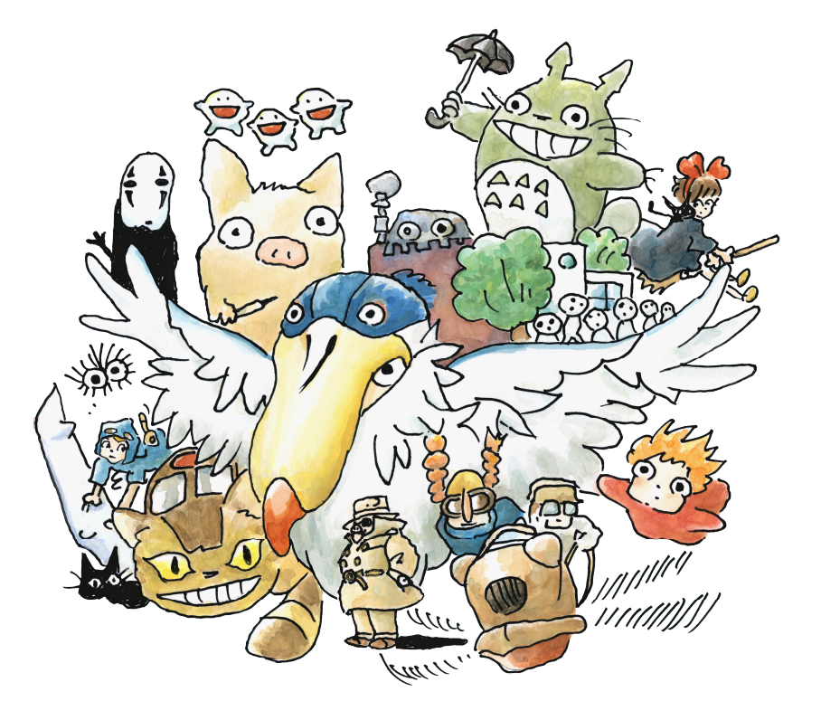 Illustration of Studio Ghibli characters including Totoro, the Catbus and Ponyo
