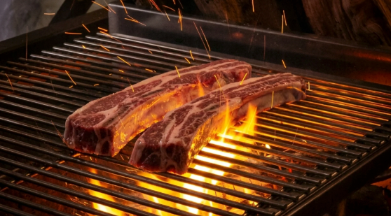GOCHU oakwood flame grilling technique with sparks and fire