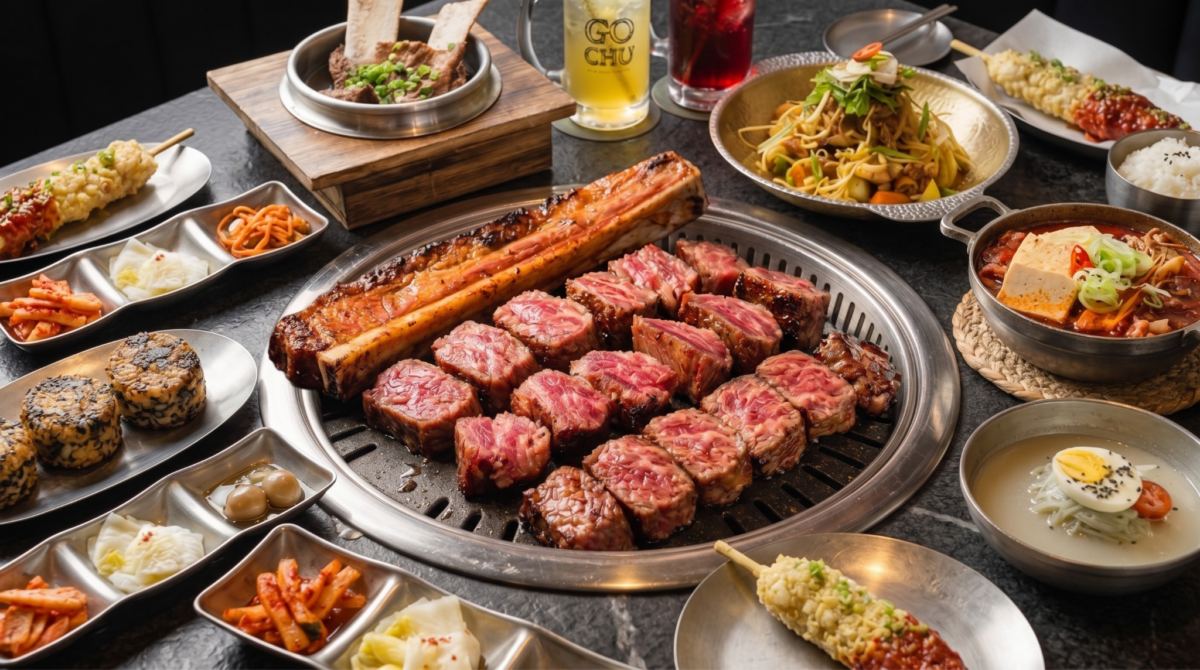 GOCHU Woodaegalbi Korean beef short rib and dry-aged pork collar sharing platter with banchan