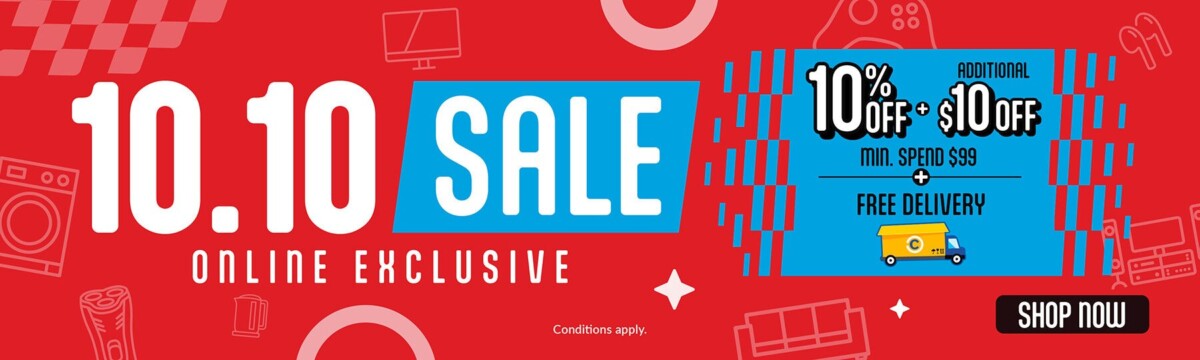 Courts 10.10 online sale banner with 10 per cent off and S$10 off