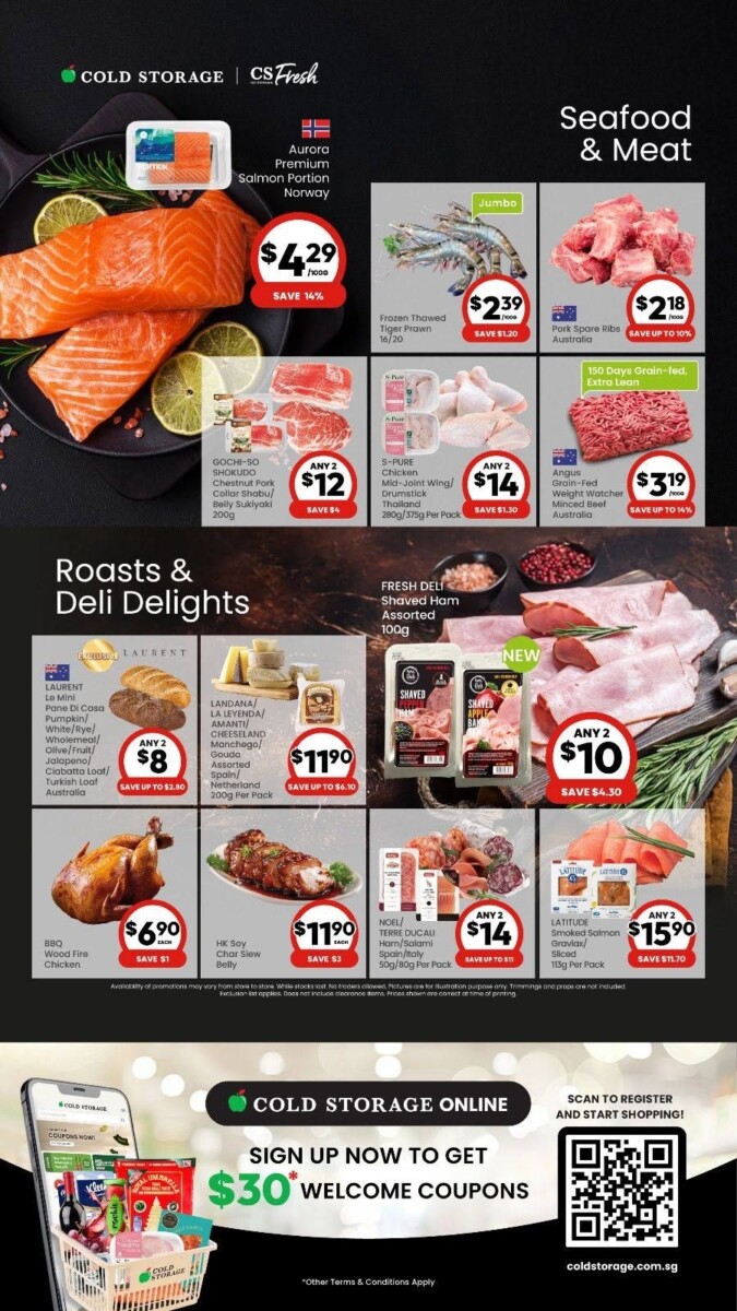 Cold Storage Fresh Selections flyer showing Aurora salmon, tiger prawn, pork spare ribs and smoked salmon deals 17-23 September 2026
