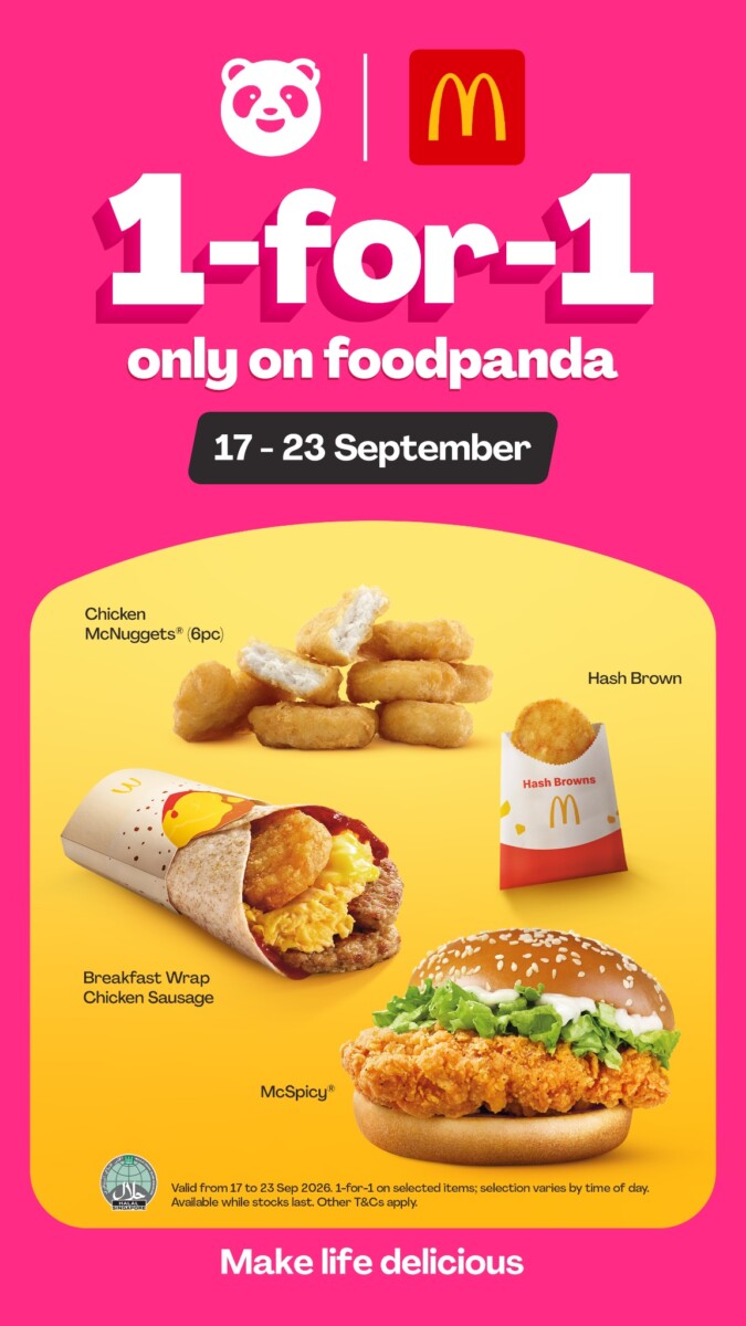 Official foodpanda and McDonald's 1-for-1 promo art for 17-23 September with McNuggets Hash Brown Breakfast Wrap and McSpicy