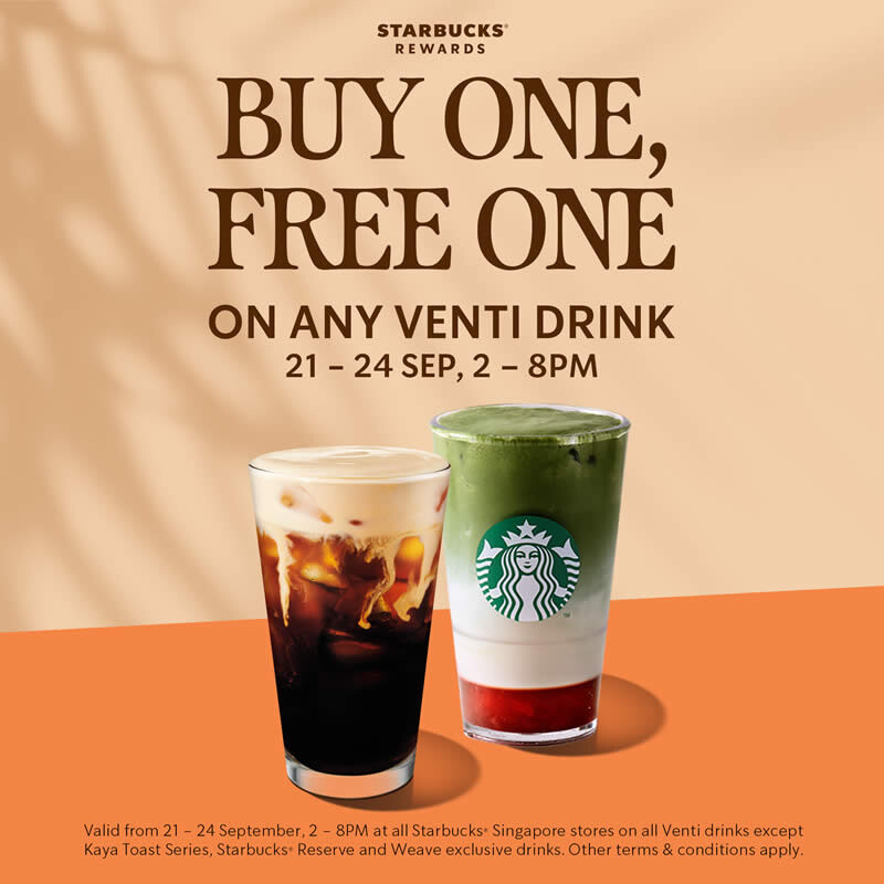 Starbucks Rewards Buy One Free One on any Venti drink graphic listing 21-24 Sep 2-8pm exclusions