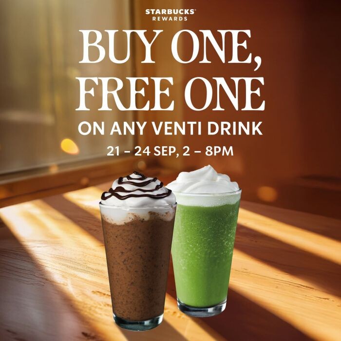 Official Starbucks Rewards Buy One Free One on any Venti drink promo art for 21-24 September 2-8pm