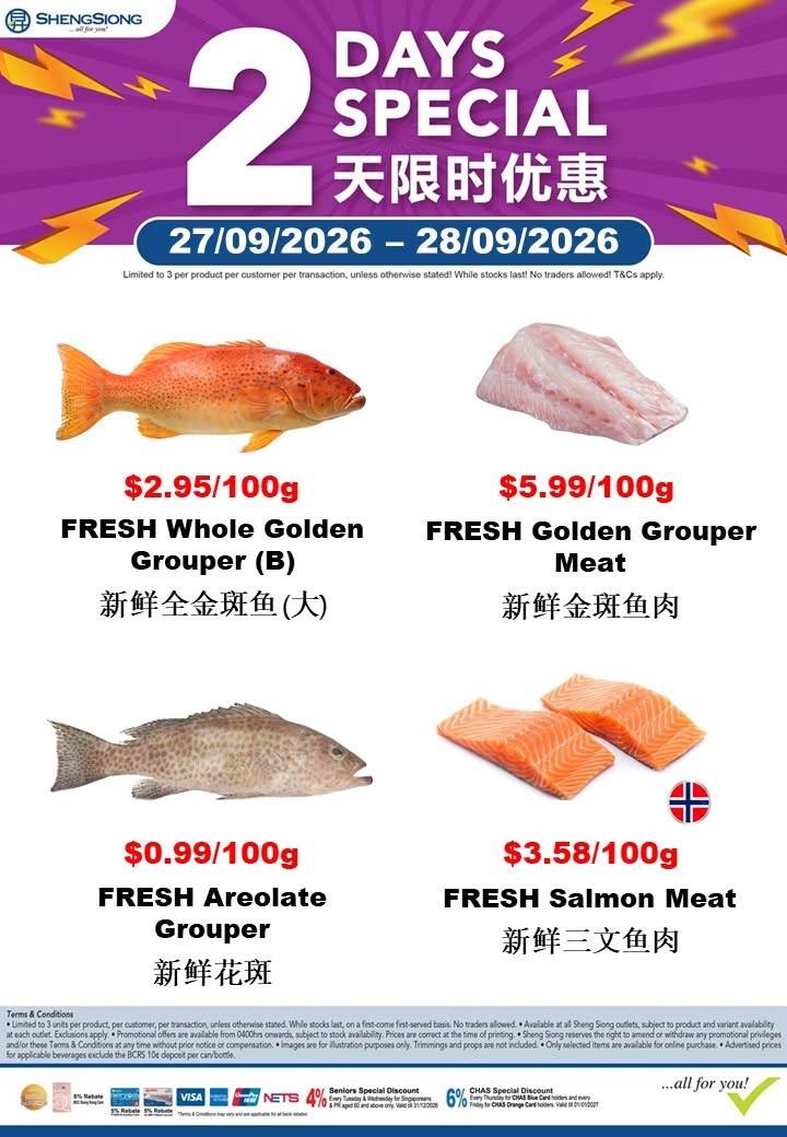 Sheng Siong 2 Days Special tile for 27 to 28 September 2026 showing Golden Grouper, Golden Grouper Meat, Areolate Grouper and Salmon Meat