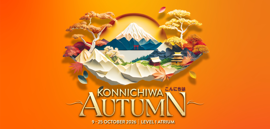 Konnichiwa Autumn artwork with Mount Fuji, autumn trees and a pagoda over the 9 to 25 October dates