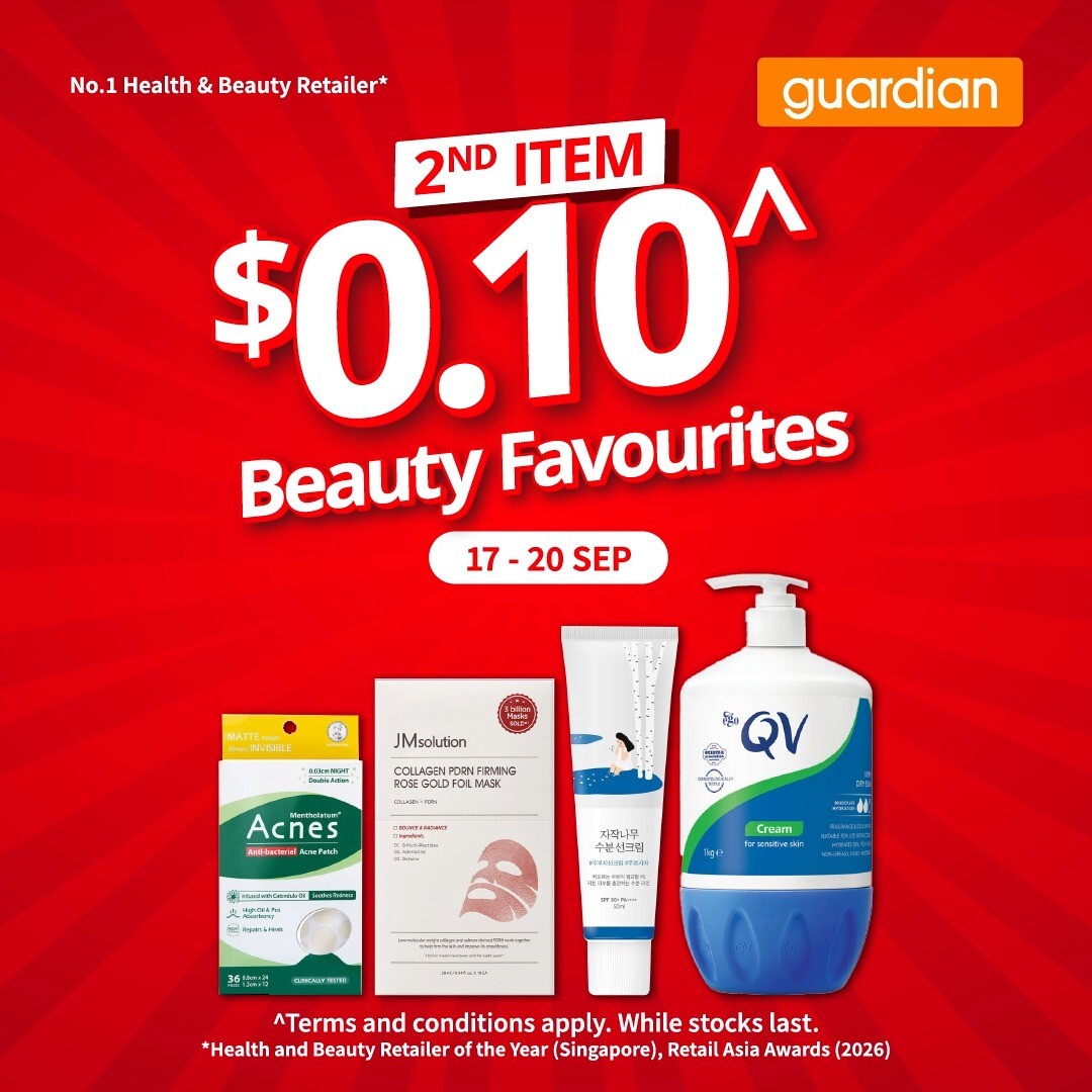 Guardian promo art for 2nd item at $0.10 on beauty favourites 17-20 September 2026
