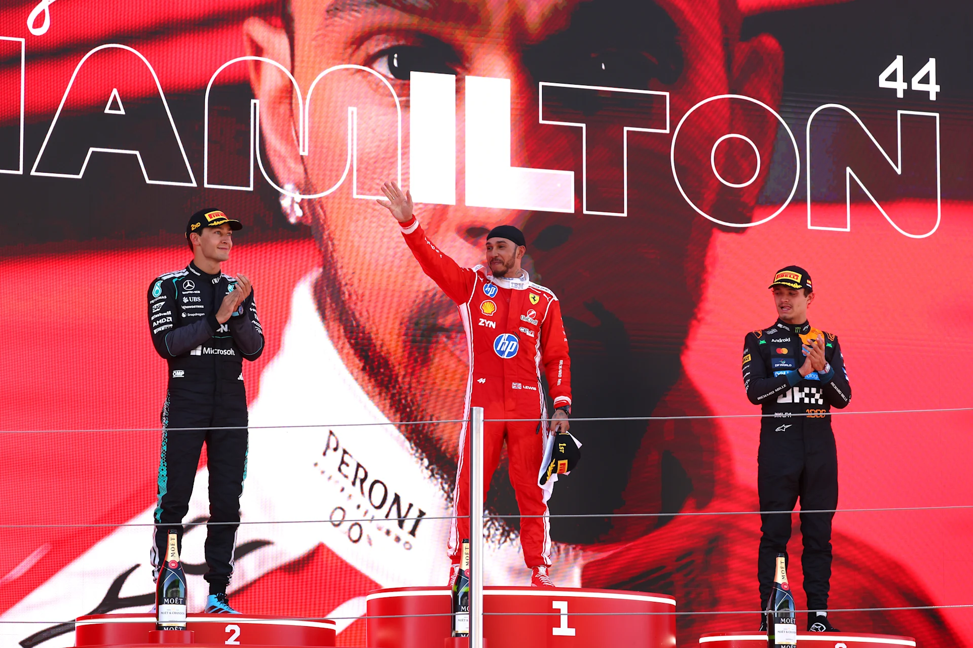 Lewis Hamilton celebrates winning the 2026 Spanish Grand Prix for Ferrari