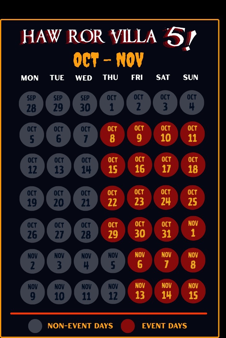 Haw Ror Villa 5 calendar marking event nights from 8 October to 15 November