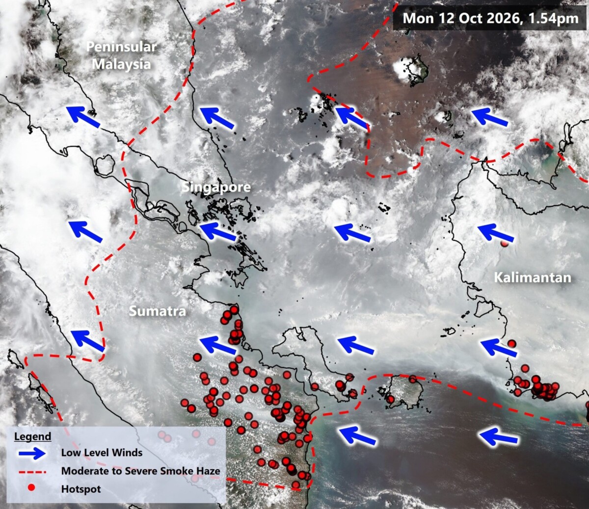Satellite map of hotspots in southern Sumatra and Kalimantan with smoke haze drifting towards Singapore