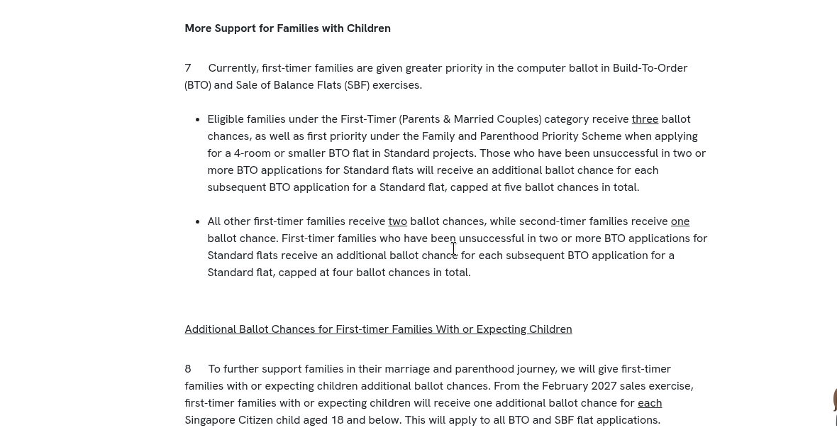 HDB announcement section on additional ballot chances for first-timer families with children from February 2027