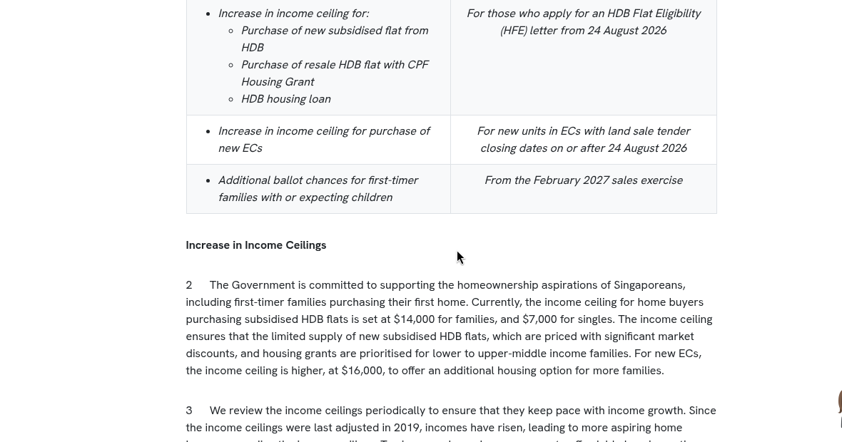 HDB page detail on revised BTO, singles and EC income ceilings effective from 24 August 2026