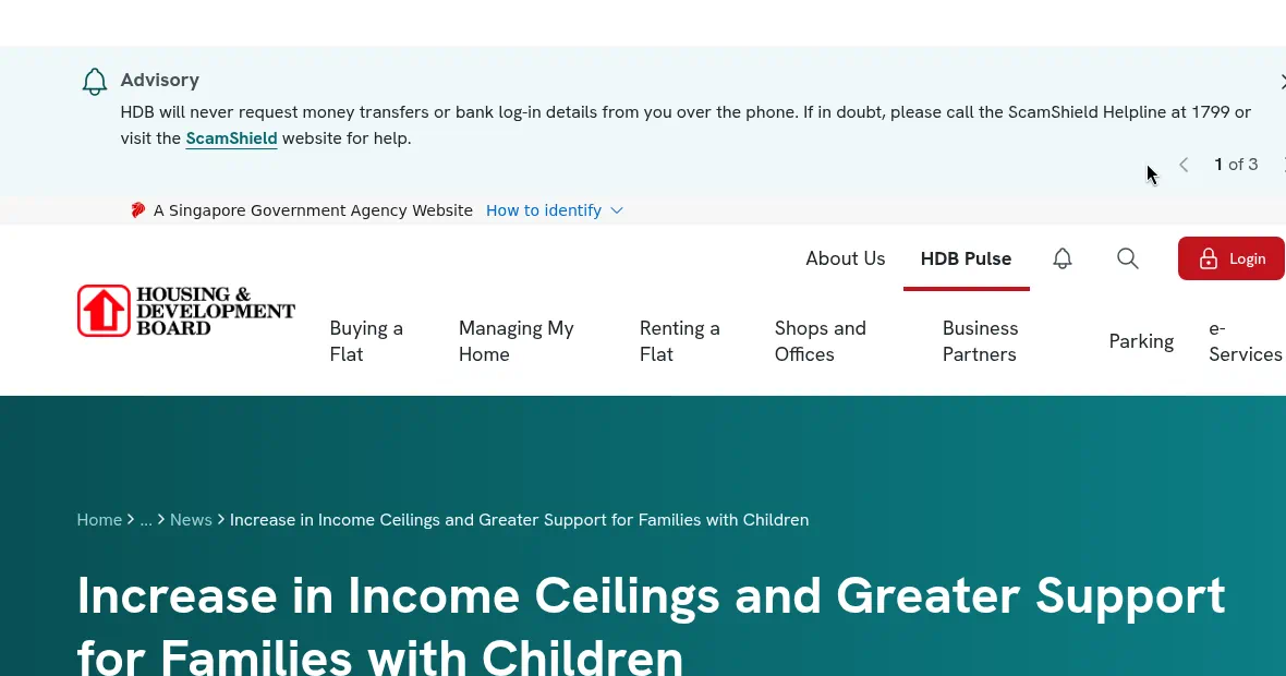 HDB Pulse article headline on increase in income ceilings and greater support for families with children, August 2026