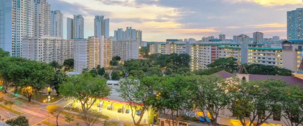 HDB blocks in a Singapore estate at dusk